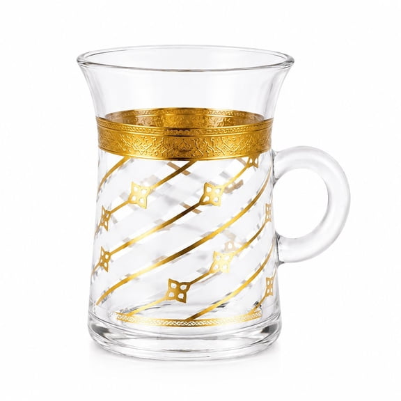 Turkish Style Tea Glasses Set of 6, Clear Glass with Gold Decorative Pattern, Handled Cups with Pedestal Base,Gift,Set de thé, café