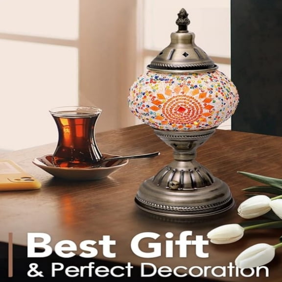 Turkish Table Lamp with Bronze BaseHandmade Colorful Moroccan Tiffany Style Mosaic Glass Night Stand Light Fixture Including LED Bulb for Living Room Bedroom Decor