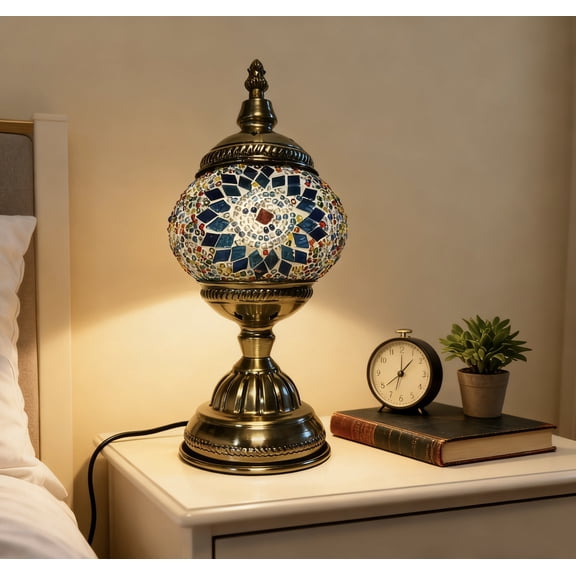 Turkish Table Lamp, Vintage Style Handmade Stained Glass Moroccan Mosaic Lamp with Bronze Base Including E12 Bulb for Living Room Bedroom Decor