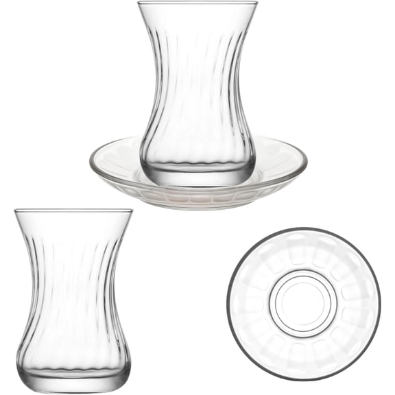 Turkish Tea Glass Set of 6 with Saucers, Spiral Pattern Traditional Slim Waist Design, 4.5 oz Heat-Retaining Thick Base Glasses with Saucers, Elegant Clear Design, Useful Set (12 Pieces)