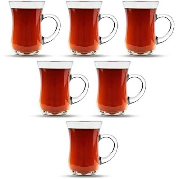 Turkish Tea Glasses With Handle - 6 pcs Tea Cups, Slim Waist Design and Thick Sole Prevent the Tea From Getting Cold, Capacity 145cc, 4 3/4 Oz, 2.5" x 4H