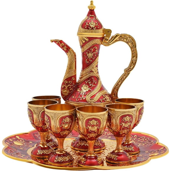 Turkish Tea Pot Set Small Vintage Turkish Coffee Pot Set with Tea Tray and 6 Cups Zinc Alloy Metal Wine Pot Kit European Wine Glass Jug for Home Tea Party Wedding Gift (Gold,Red)