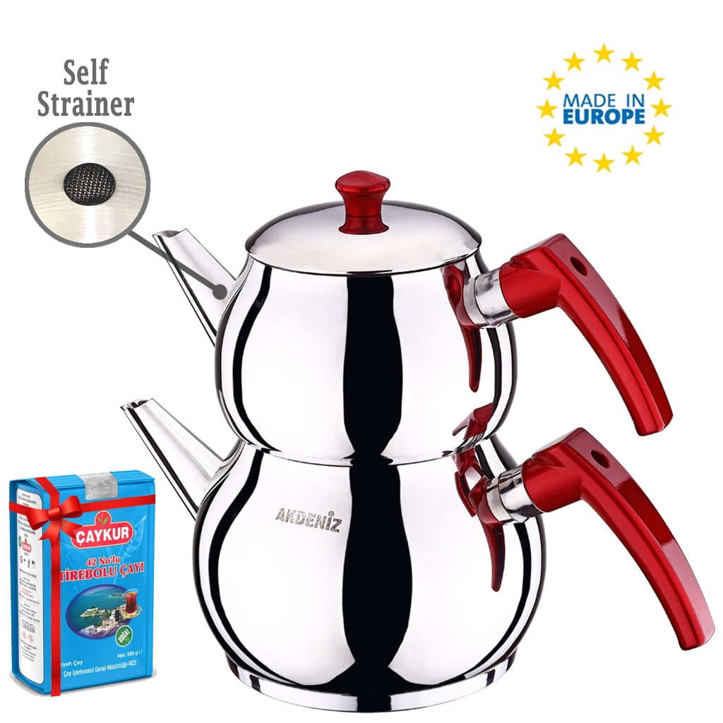 Turkish Tea Pot Set with Bakelite Handle Mini 67.5 Oz, StainlessSteel