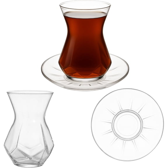 Turkish Tea Set of 6, Special Design Clear Glass Tea Cups and Saucers (12 Pcs), Traditional Slim Waist Shape, Solid Base Heat-Resistant Glass, 5.5 oz (165 ml) Elegant Turkish Teacups for Home or Gift
