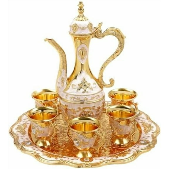 Turkish Tea Set with Teapot and 6 Cups, Golden Vintage Turkish Coffee Cups Set with Tray, Middle Eastern Teapot Set for Home Decor Christmas Wedding Gift$$Home Decor, Kitchen, & Other