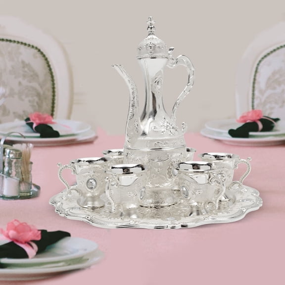 Turkish Tea Set with Tray  6-Piece Silver Zinc Alloy Tea Set, Vintage Ottoman Style Teapot with 6 Cups, Elegant Relief Carving, Gift for Tea Lovers, Family Gathering (1 Pot + 6 Cups + 1 Tray)