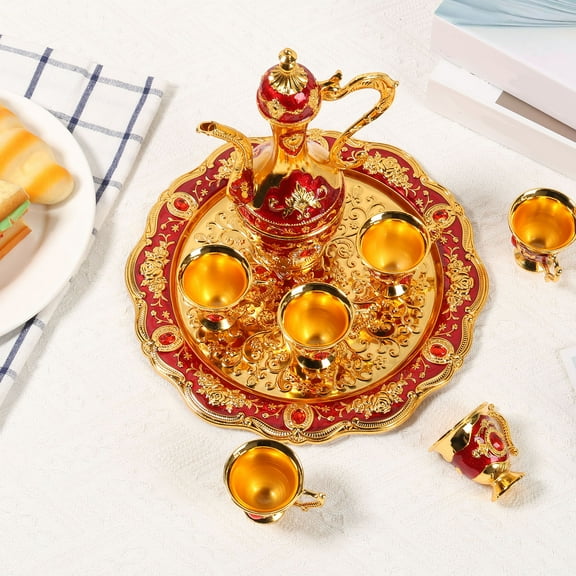 Turkish Tea Set Vintage Turkish Coffee Set with Pot Tray 6 Cup Multifunctional Decorative Teapot Kit for Home Living Room Bar Party