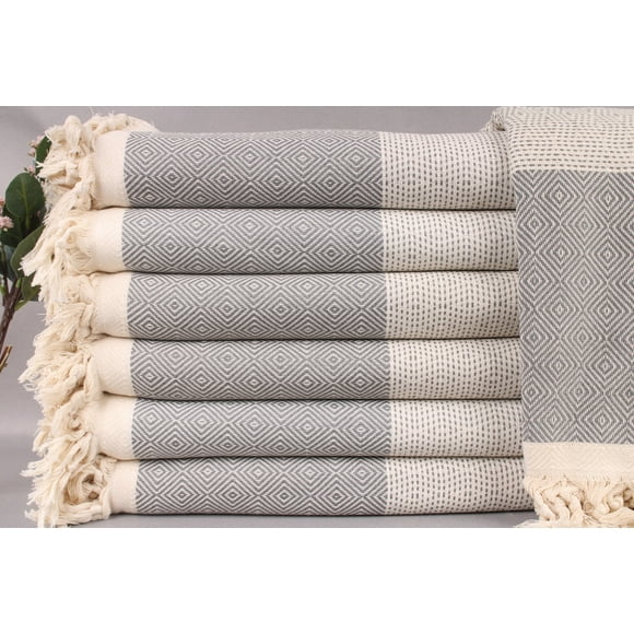 Turkish Throw Blanket, Large Towel, Dark Gray Throw, Diamond Throw, 79x103 Inches Cotton Bedspread, Beach Blanket, Camping Throw,