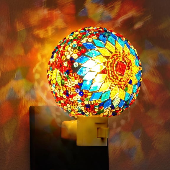 Turkish lamp colored glass night light Moroccan lamp plug-in wall mosaic night light plug-in Bohemian spherical decoration, suitable for living room corridor bedroom decoration Christmas decoration a