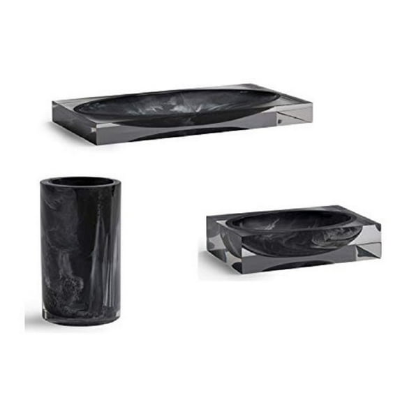 TurkishTowels 3-Piece Bath Accessory Set, Bologna Black -Tumbler, Tray, Soap Dish