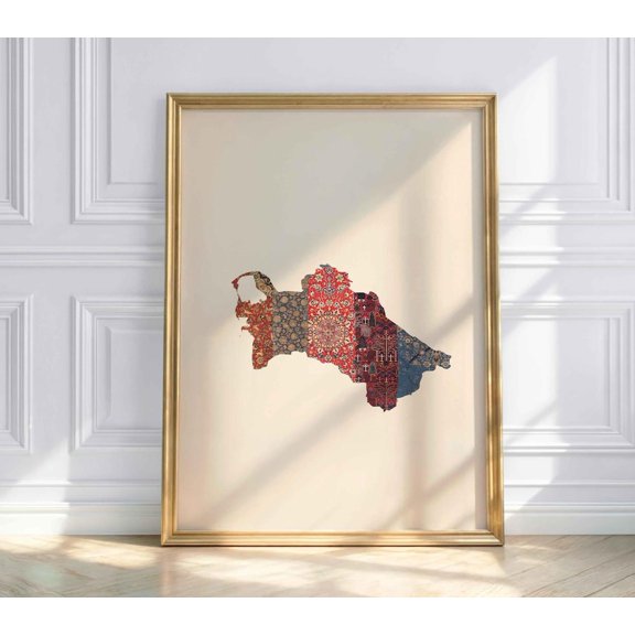 Turkmenistan Map Poster Traditional Carpet Map Art Turkmenistan Wall Decor Vintage Turkmen Rug Design Central Asia Map Print