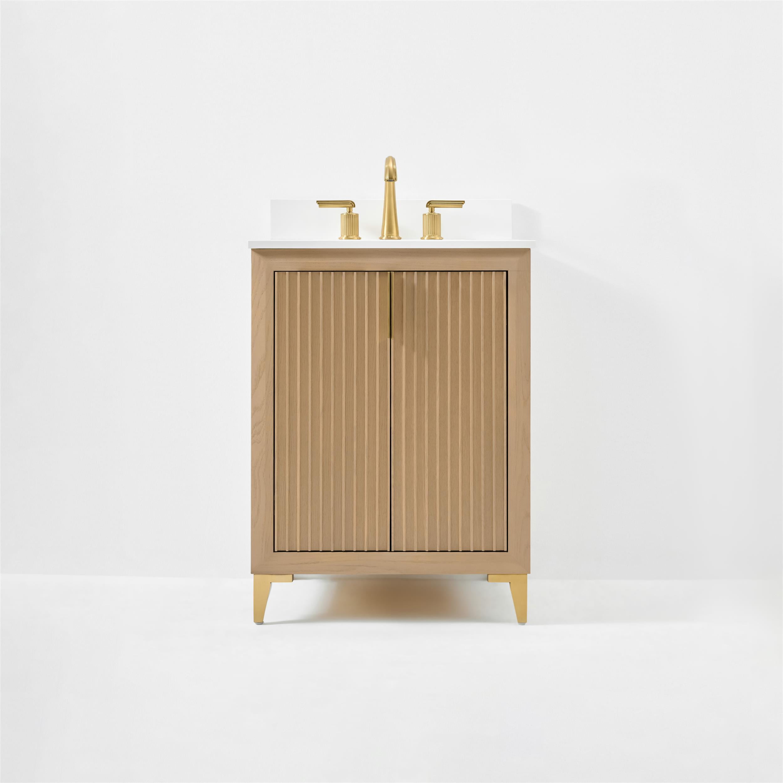 Turlington 24 Inch Oak Freestanding Single Sink Vanity with White Quartz Top