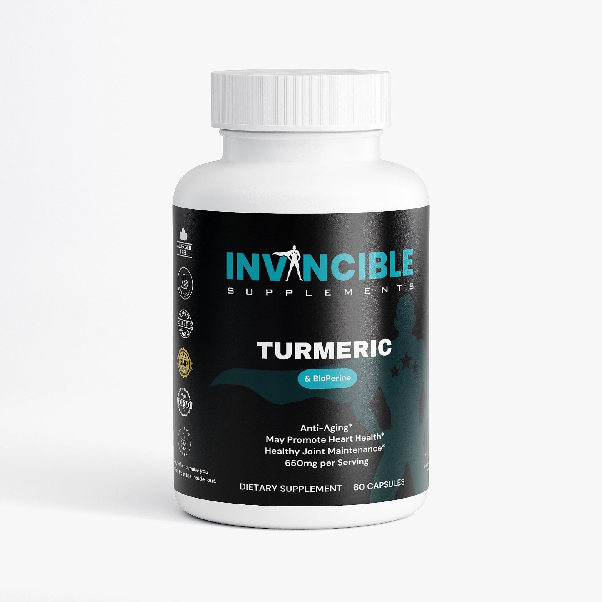Invincible Supplements Turmeric & BioPerine Capsules – 650 mg per Serving – Supports Heart Health, Joint Health & Anti-Aging – All-Natural, Gluten-Free, Non-GMO – No Binders or Fillers