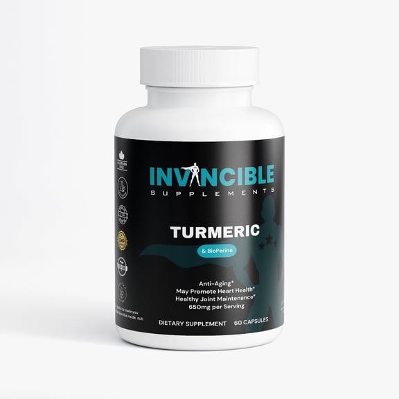 Invincible Supplements Turmeric & BioPerine Capsules 650 mg per Serving Supports Heart Health, Joint Health & Anti-Aging All-Natural, Gluten-Free, Non-GMO No Binders or Fillers