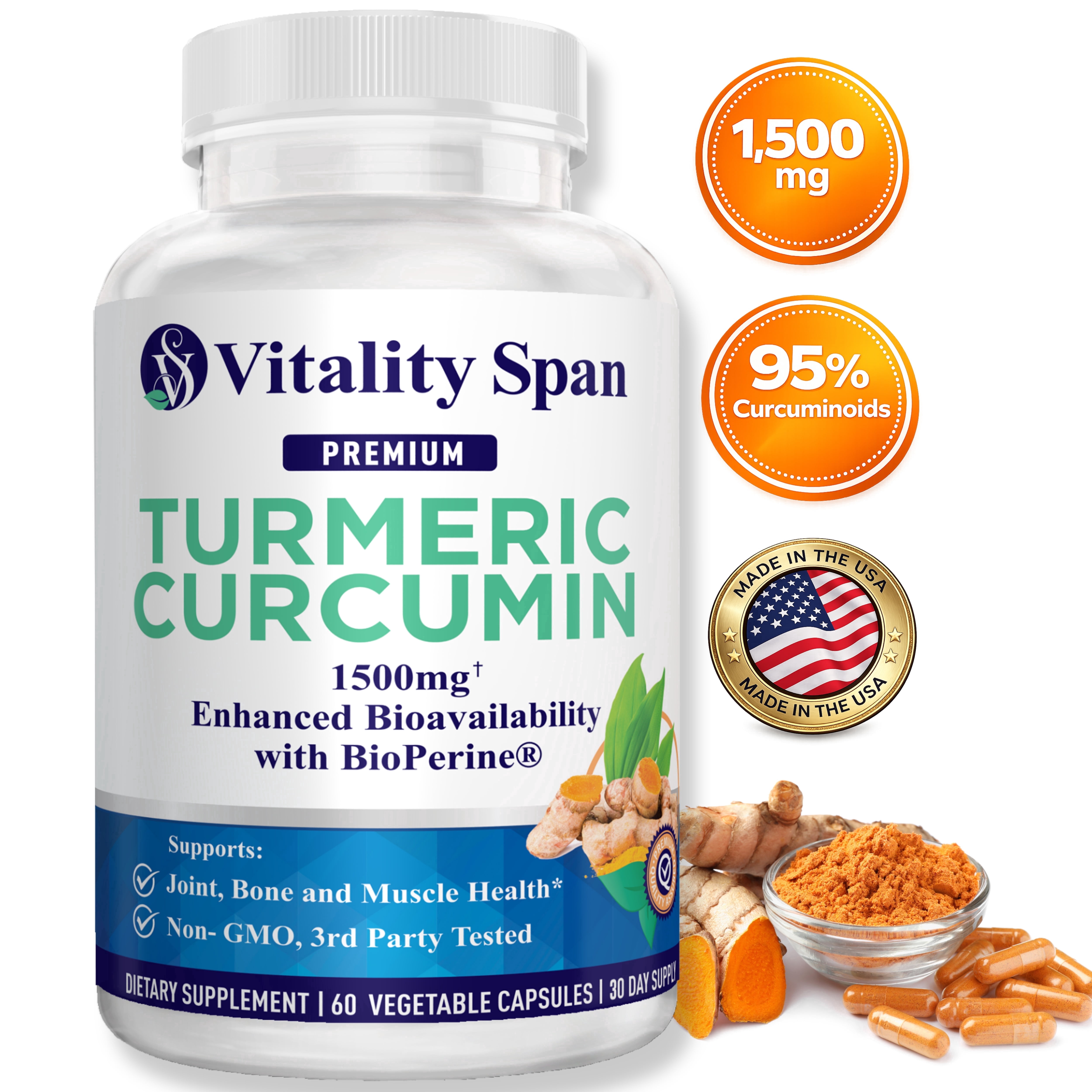 Turmeric Curcumin 1500 mg with BioPerine®, 95% Curcuminoids, High Absorption, Non-GMO, Made in USA