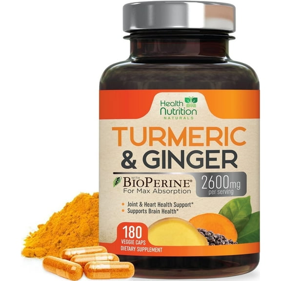 Turmeric Curcumin Supplement 2600mg - 95% Curcuminoids with Organic Turmeric & Ginger, BioPerine Black Pepper for Best Absorption, Nature's Vegan Joint Support, Non-GMO, Bottled in USA - 180 Capsules