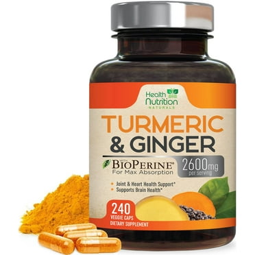 Turmeric Supplement Curcumin 2600mg - with Organic Ginger & Turmeric, BioPerine Black Pepper Extract 95% Curcuminoids - Advanced Absorption Antioxidant & Joint Support - Vegan - 240 Capsules