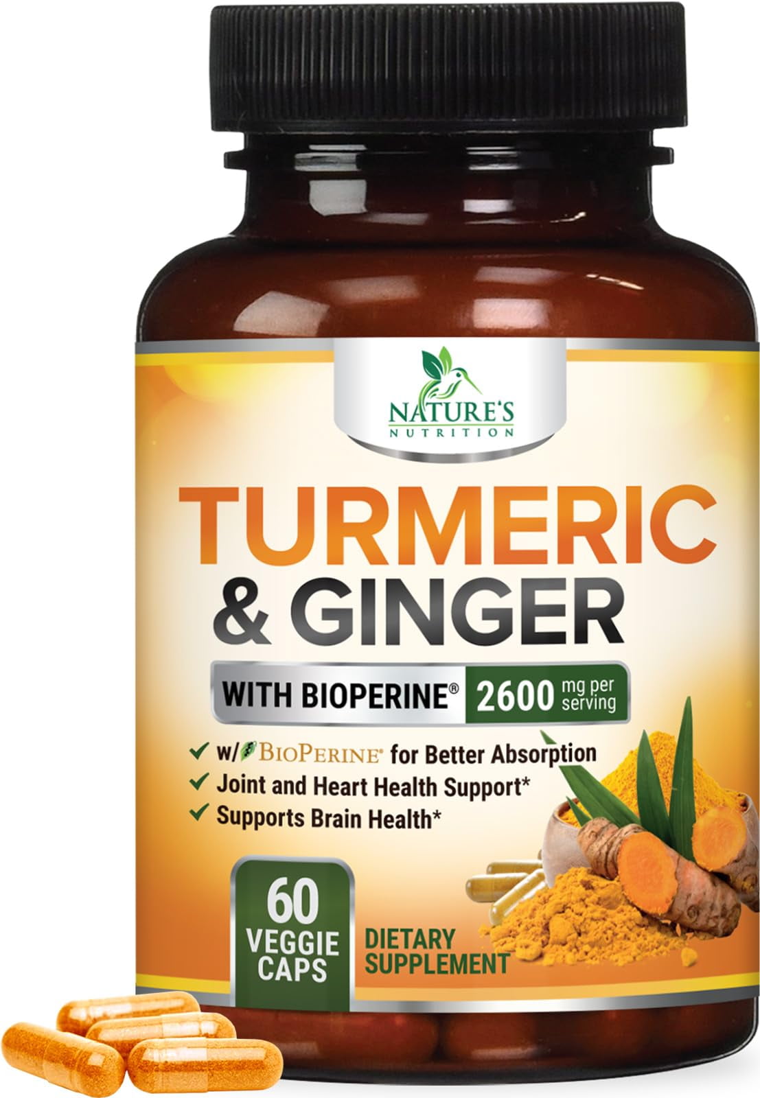 Turmeric Supplement Curcumin 2600mg with Organic Ginger & Turmeric, BioPerine Black Pepper Extract 95% Curcuminoids - for Advanced Absorption Joint & Antioxidant Support - Non-GMO - 60 Capsules