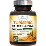 Turmeric Curcumin with BioPerine, Ginger & Glucosamine 95% Curcuminoids 2000mg Black Pepper for Max Absorption Joint Support, Nature's Tumeric Herbal Extract Supplement, Vegan, Non-GMO - 240 Capsules