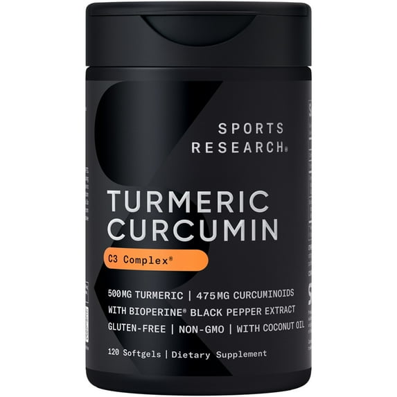 Sports Research® Turmeric Curcumin C3 Complex 500mg + Black Pepper + Coconut Oil (120 softgels)