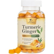 Turmeric Curcumin & Ginger Gummies 95% Curcuminoids with Black Pepper Extract for Max Absorption Joint Support, Nature's Tumeric Herbal Extract Supplement, Vegan Gummy Capsules, Non-GMO - 120 Gummies