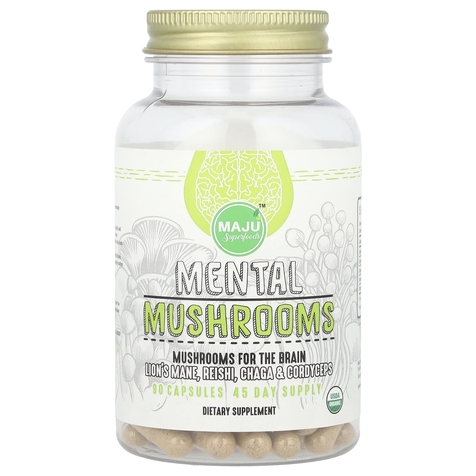 MAJU's Organic Mental Mushroom Capsules, 90 Count - Edible Extract Supplement w/ Lion's Mane, Cordyceps, Reishi & Chaga for Focus, Wellness & Immune Health