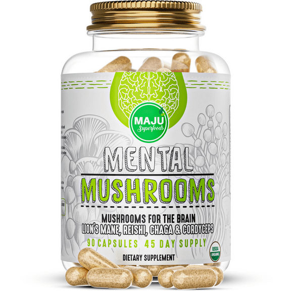 MAJU's Organic Mental Mushroom Capsules, 90 Count - Edible Extract Supplement w/ Lion's Mane, Cordyceps, Reishi & Chaga for Focus, Wellness & Immune Health