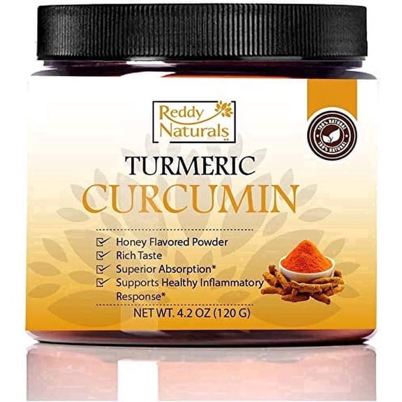 Reddy Naturals Turmeric Curcumin Powder with Black Pepper Piperine 95% Curcuminoids Honey Flavored Daily Wellness Drink Mix Supplement Gluten-Free Non-GMO 120g (4.2 oz)