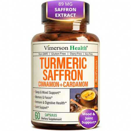 Turmeric Curcumin and Saffron Supplement (89mg Saffron Extract) with Ceylon Cinnamon & Cardamom for Eye, Joint Health & Mood Support – 60 Capsules
