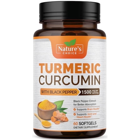 Turmeric Curcumin Supplement 1500mg - BioPerine Black Pepper Extract Advanced Absorption Curcuminoids for Nature's Joint Support - Antioxidant Herbal Supplement for Women & Men, Non-GMO - 60 Softgels
