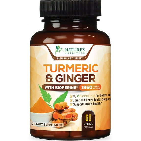 Turmeric Curcumin Supplement 1950mg - 95% Curcuminoids with Organic Turmeric & Ginger, BioPerine Black Pepper for Best Absorption, Nature's Vegan Joint Support, Non-GMO, Bottled in USA - 60 Capsules