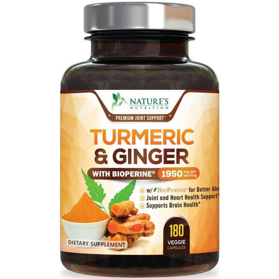 Turmeric Curcumin Supplement 1950mg - 95% Curcuminoids with Organic Turmeric & Ginger, BioPerine Black Pepper for Best Absorption, Nature's Vegan Joint Support, Non-GMO, Bottled in USA - 180 Capsules