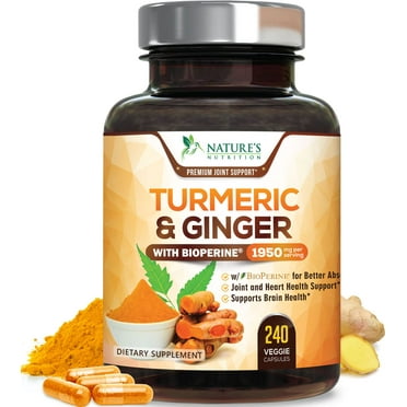Turmeric Curcumin Supplement 1950mg with Organic Turmeric & Ginger, 95% Curcuminoids, BioPerine Black Pepper for Best Absorption, Nature's Vegan Joint Support, Non-GMO, Bottled in USA - 240 Capsules