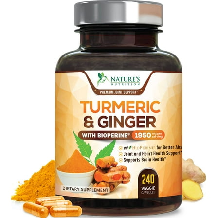 Turmeric Curcumin Supplement 1950mg - 95% Curcuminoids with Organic Tumeric & Ginger, BioPerine Black Pepper for Best Absorption, Nature's Vegan Joint Support, Non-GMO, Bottled in USA - 240 Capsules