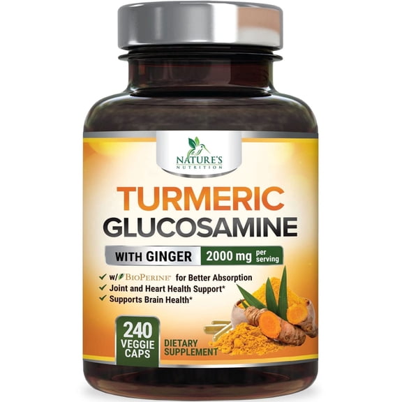 Turmeric Curcumin Supplement 2000mg - 95% Curcuminoids with Glucosamine, Ginger & MSM, BioPerine Black Pepper for Best Absorption, Nature's Vegan Joint Support, Non-GMO, Bottled in USA - 240 Capsules