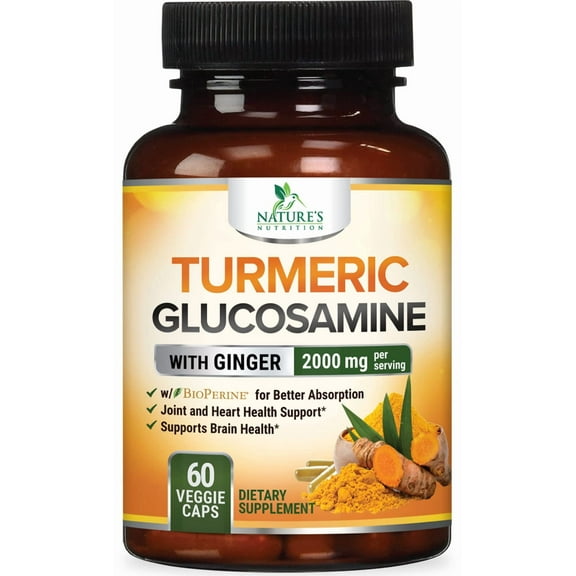 Turmeric Curcumin Supplement - 95% Curcuminoids with Glucosamine, Ginger & MSM, BioPerine Black Pepper Extract for Best Absorption, Natural Vegan Joint Support, Non-GMO, Bottled in USA - 60 Capsules