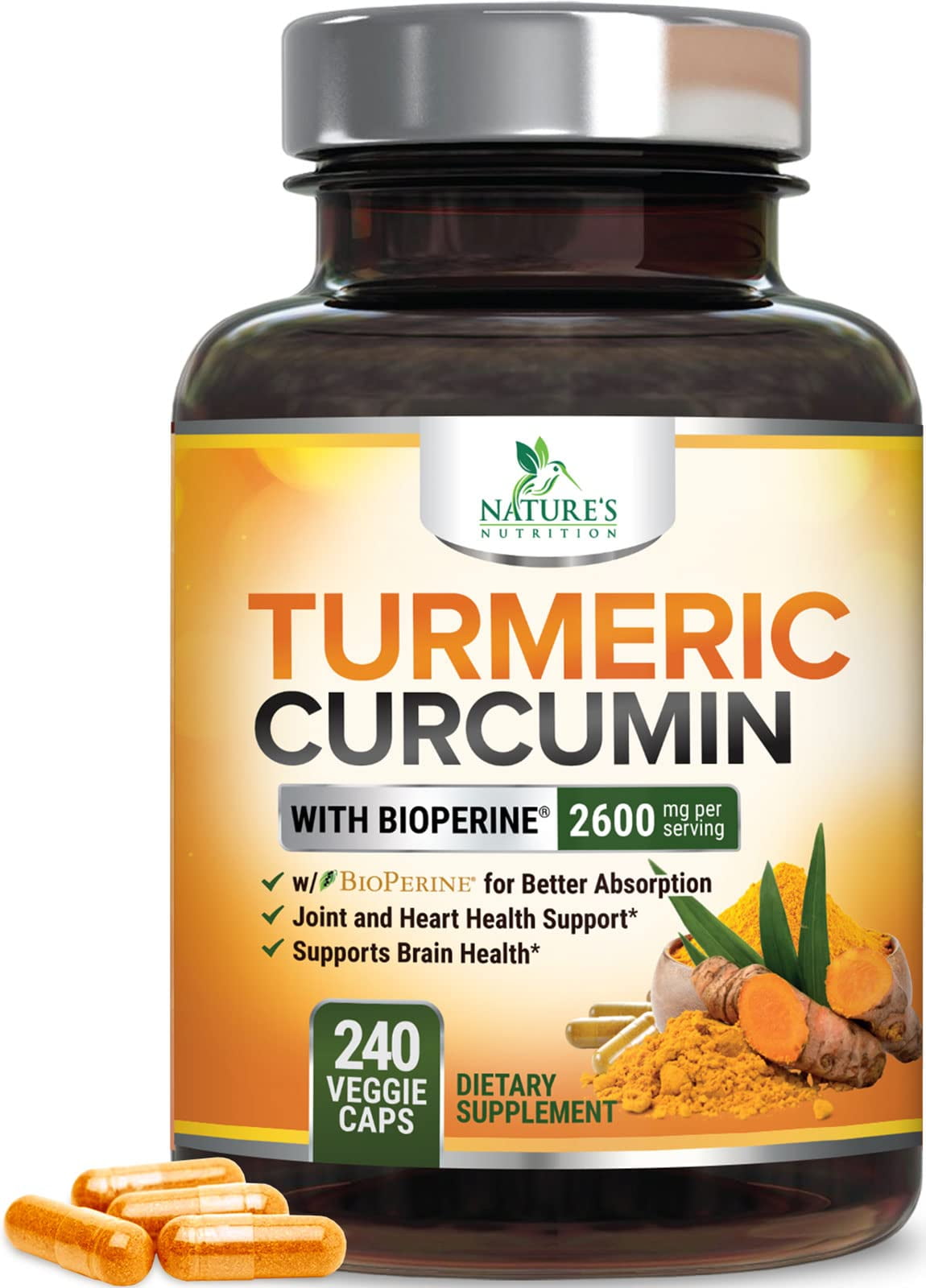 Turmeric Curcumin Supplement with BioPerine 95% Curcuminoids 2600mg with Black Pepper for Best Absorption, Bottled in USA, Best Natural Vegan Joint Support, Nature's Non-GMO Tumeric - 240 Capsules