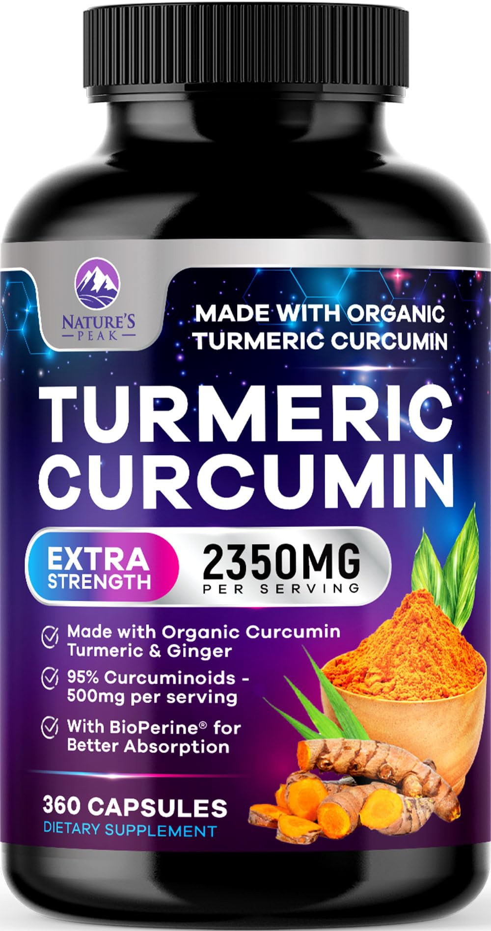 Turmeric Curcumin Supplement - 1750mg Organic Turmeric Per Serving - 95% Curcuminoids, Ginger & BioPerine Black Pepper for Best Absorption - Natural Vegan Joint Support, Bottled in USA - 360 Capsules