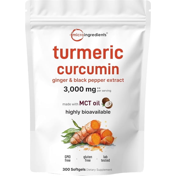 Micro Ingredients Turmeric Curcumin Supplement with Black Pepper & Ginger 3,000mg, 300 MCT Oil Softgels | 95% Curcuminoids