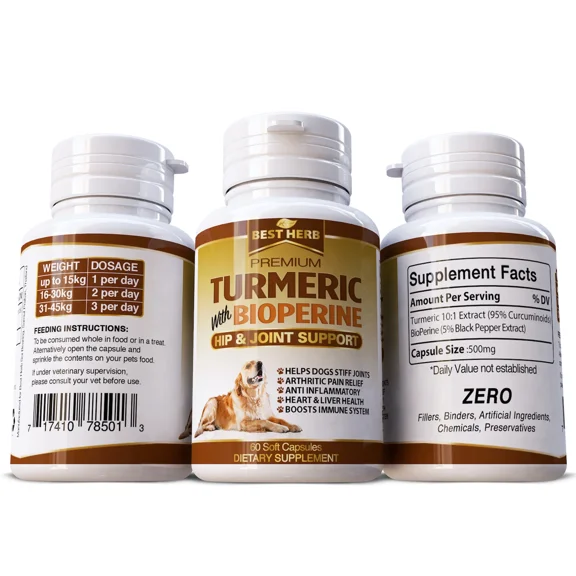 Turmeric Curcumin for Dogs Pets - Heart & Immune Aid - Hip and Joint Support 60 Pills