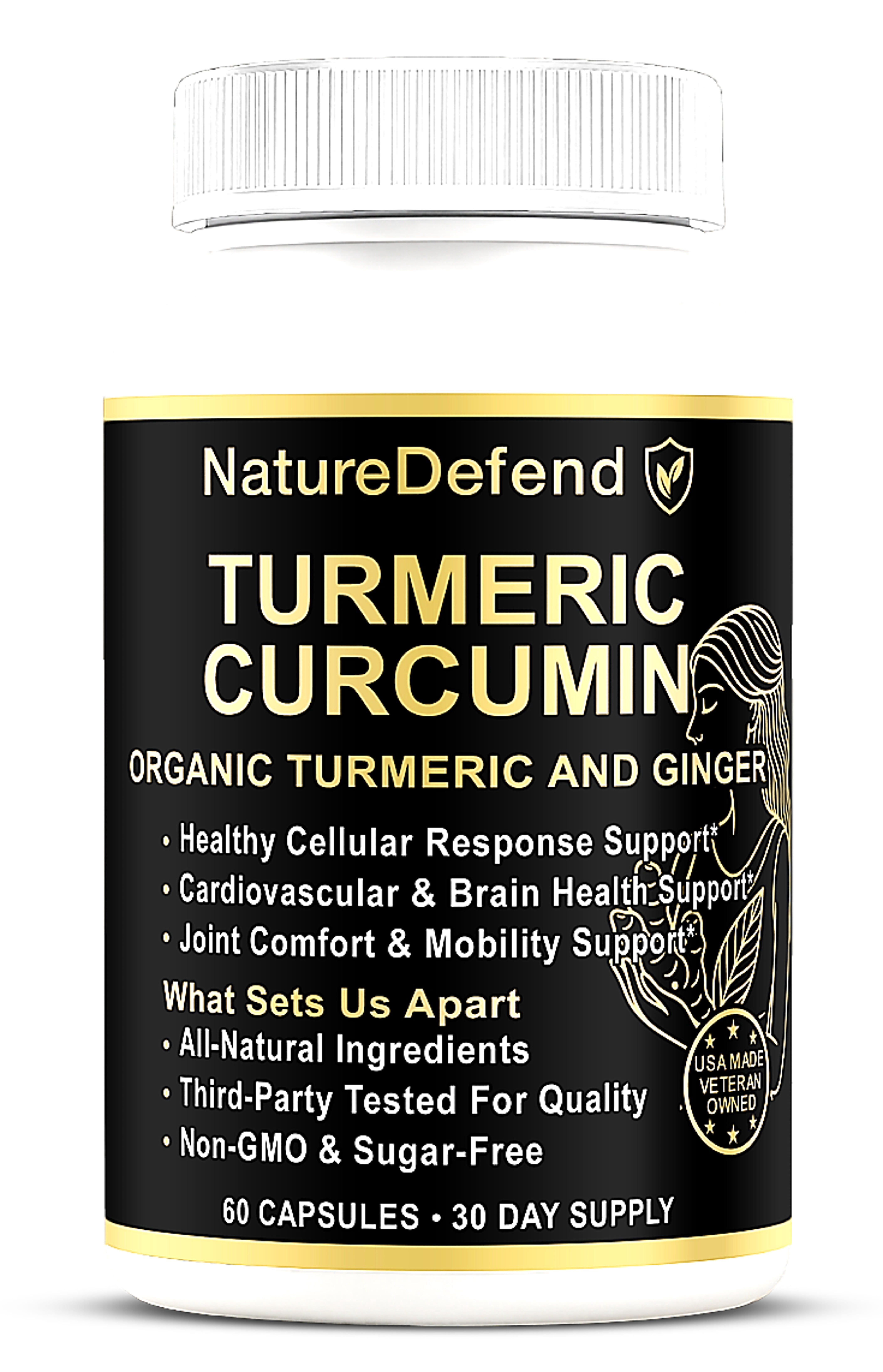 NatureDefend Turmeric Curcumin + Ginger Supplement, Joint & Heart Support, 60 Capsules, Veteran-Owned, USA Made