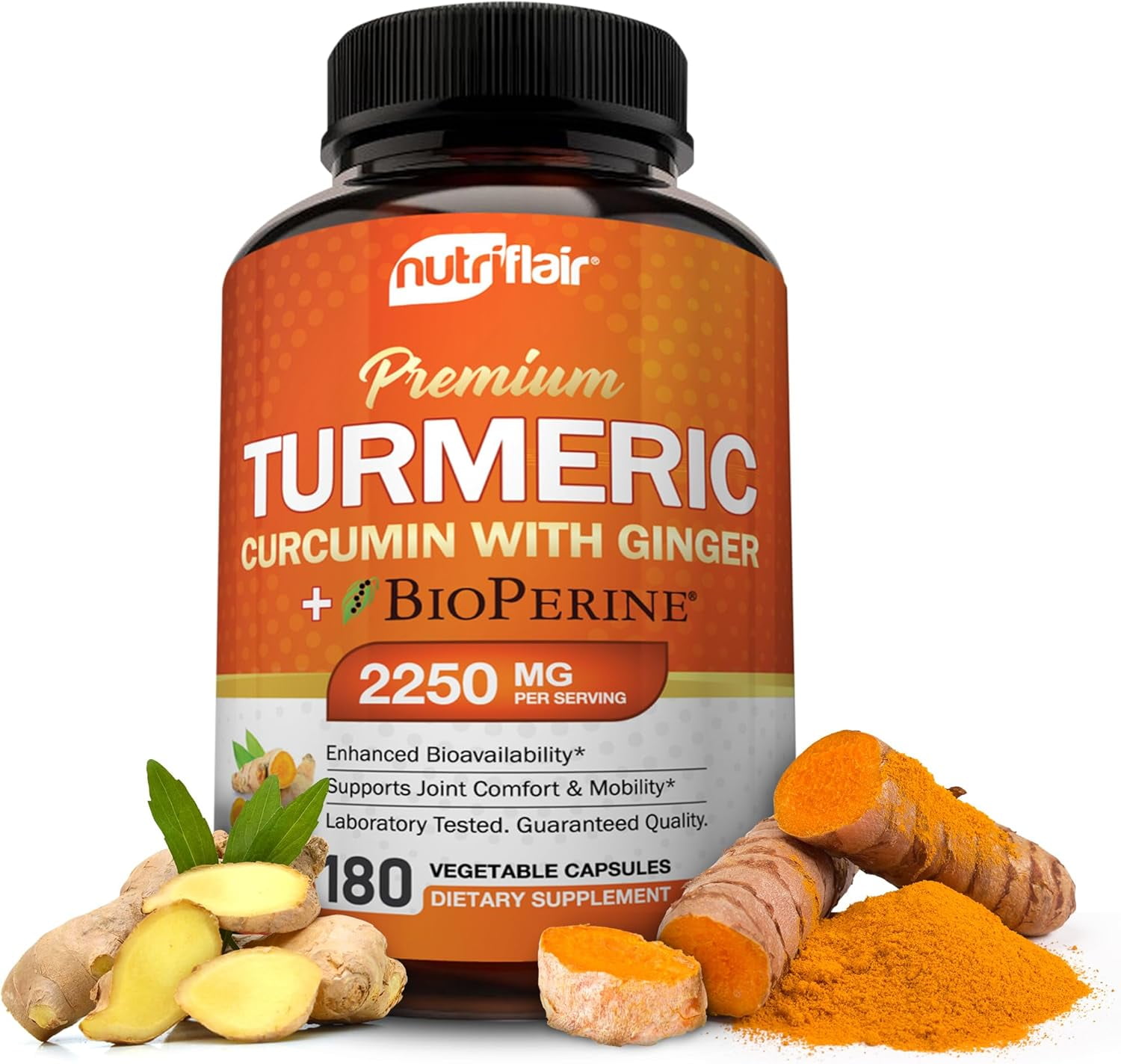 NutriFlair Turmeric Curcumin Supplement with Black Pepper and Ginger, 2250 mg per Serving, 180 Capsules