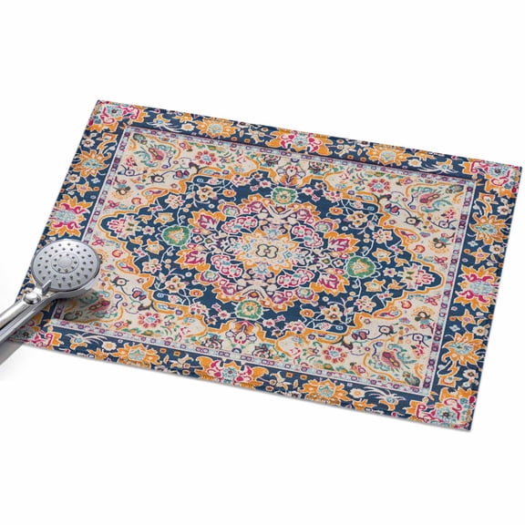 Turmeric Dark Blue Khaki Area Rug, Flower Ethnic Middle East Non-Slip Felt Rubber Backing Rectangle Indoor Carpet Washable Rugs for Living Room Bedroom 2x3ft