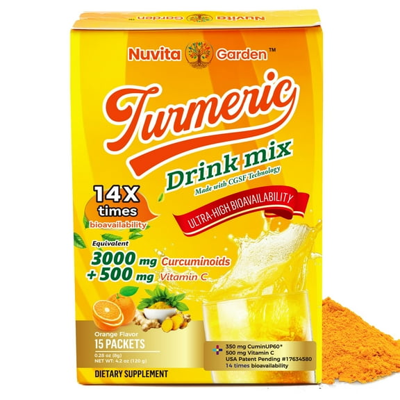 Turmeric Drink Mix, Turmeric and Ginger, Immune & Joint Support, Orange Flavors with High Potency Vitamin C, 15 Count