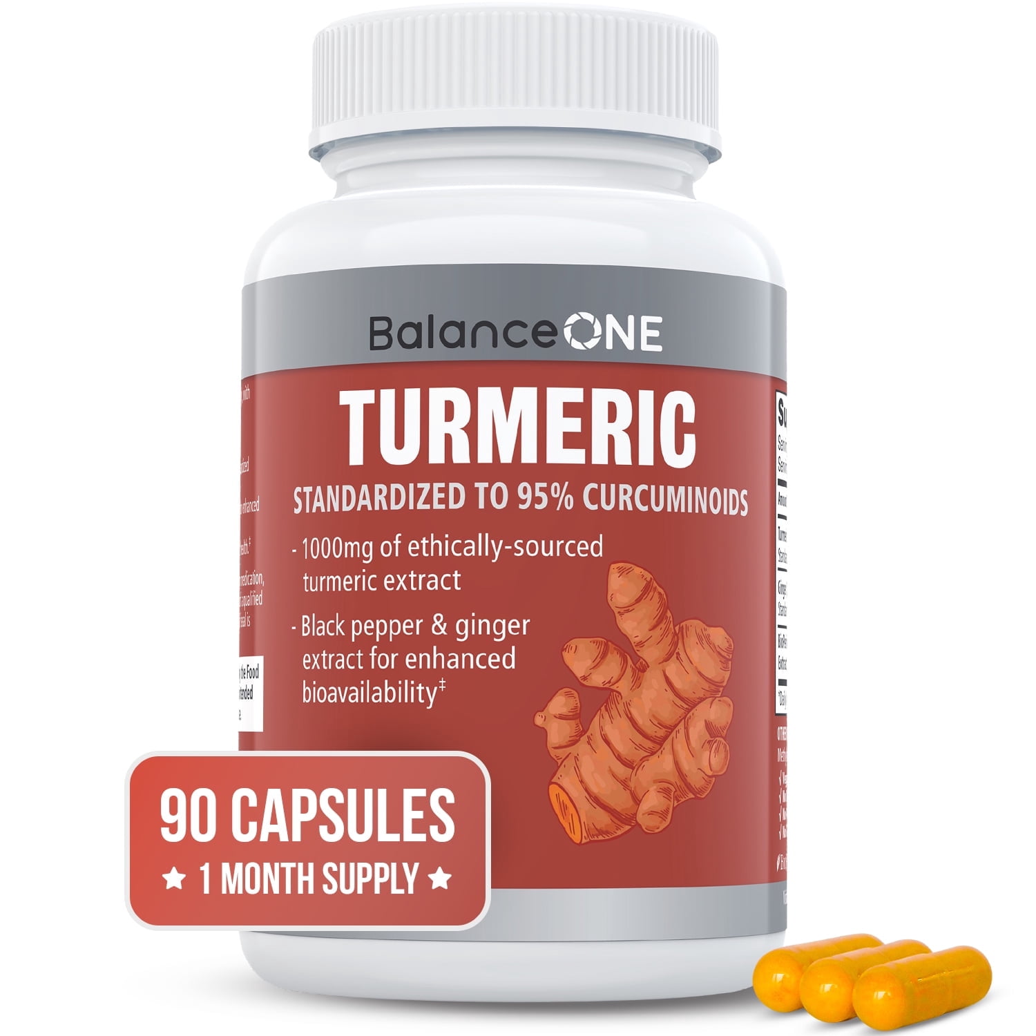 Balance ONE Turmeric Extract 1000mg with Max Strength 95% Curcuminoids - Turmeric Curcumin Supplement for Daily Joint & Immune Support - Ginger Extract and BioPerine - 1 Month Supply