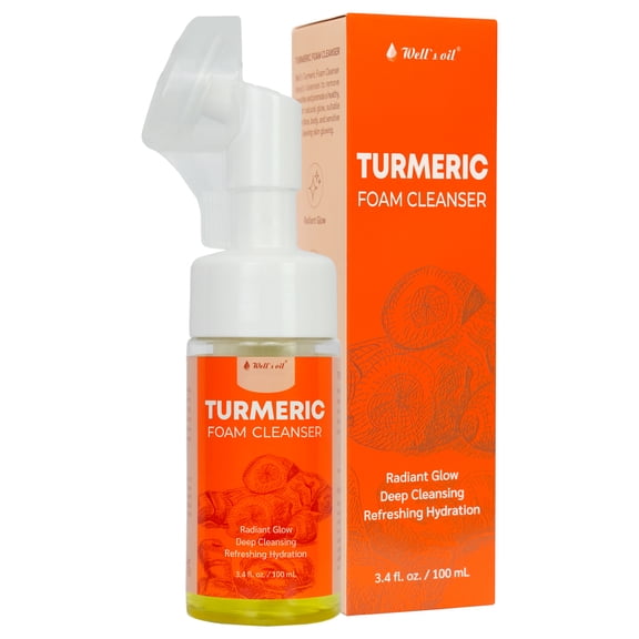 Wells Oil Turmeric Foam Cleanser with Brush | Gentle Foaming Face Wash | Daily Cleanser for All Skin Types | 3.4 fl oz