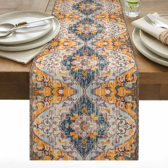 Turmeric Floral Table Runner 13x60 inch Medieval Ethnic Turkey Cotton Linen Dining Table Runner Ideal for Dresser Kitchen Coffee Tables - Machine Washable