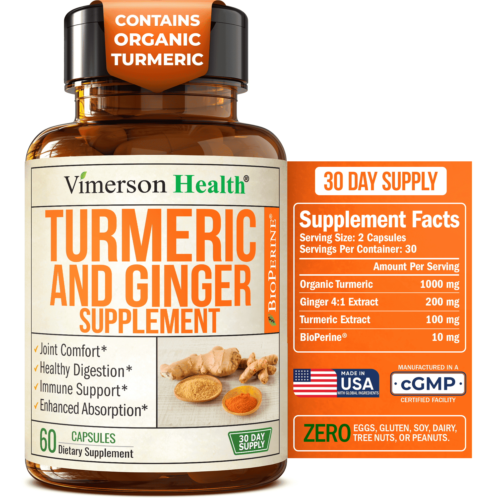 Vimerson Health Turmeric Supplement with Ginger Root & Black Pepper for Enhanced Absorption – Daily Joint, Digestion & Immune Support – 60 Capsules