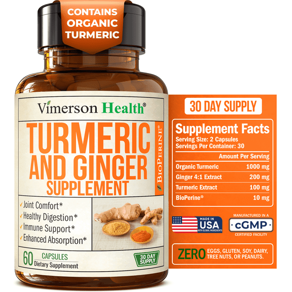 Turmeric Supplement with Ginger Root & Black Pepper for Enhanced Absorption – 95% Curcuminoids for Joint, Digestion & Immune Support - Contains Organic Turmeric Curcumin – 60 Capsules, Made in USA