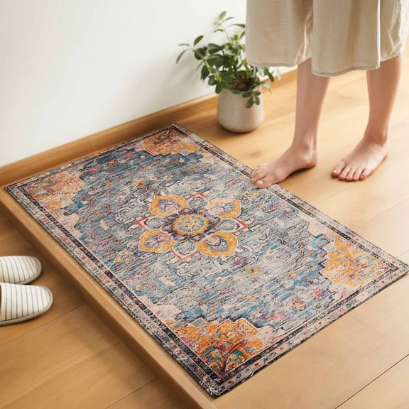 Turmeric Gray Blue Floral Door Mat 16x24 Inch Medieval Ethnic Turkey Retro Vintage Entryway Rug with Non-Slip Rubber, Inside Floor Mats Front Door Rug for Living Room Bathroom Bedroom Home Office